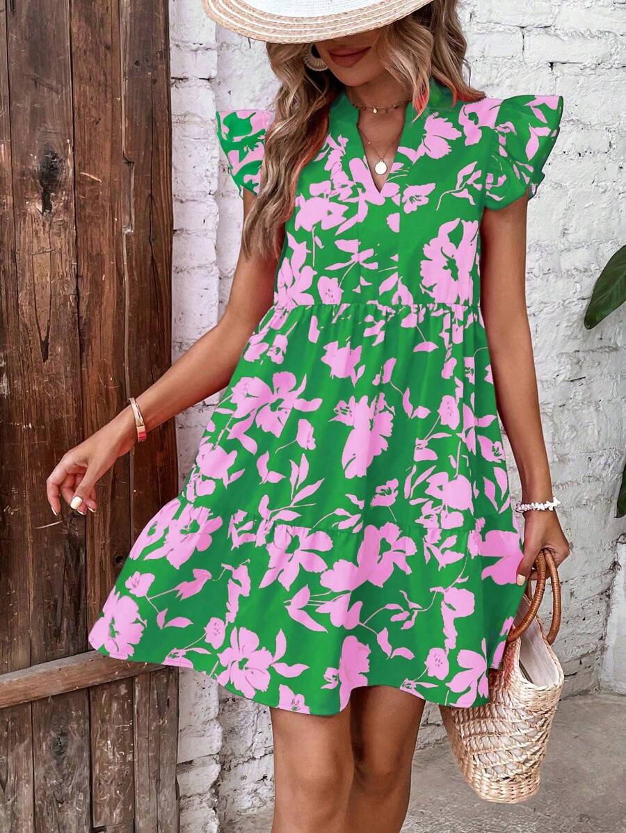 Floral Print Notched Neck Ruffle Trim Smock Dress
