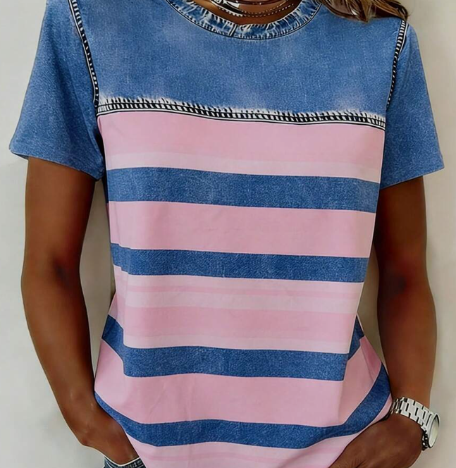 Crew Neck Raglan Short Sleeve Striped Casual Loose T-Shirt, Summer