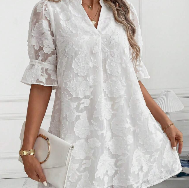 Women's New Elegant V-Neck Textured Chiffon Jacquard Mini Dress