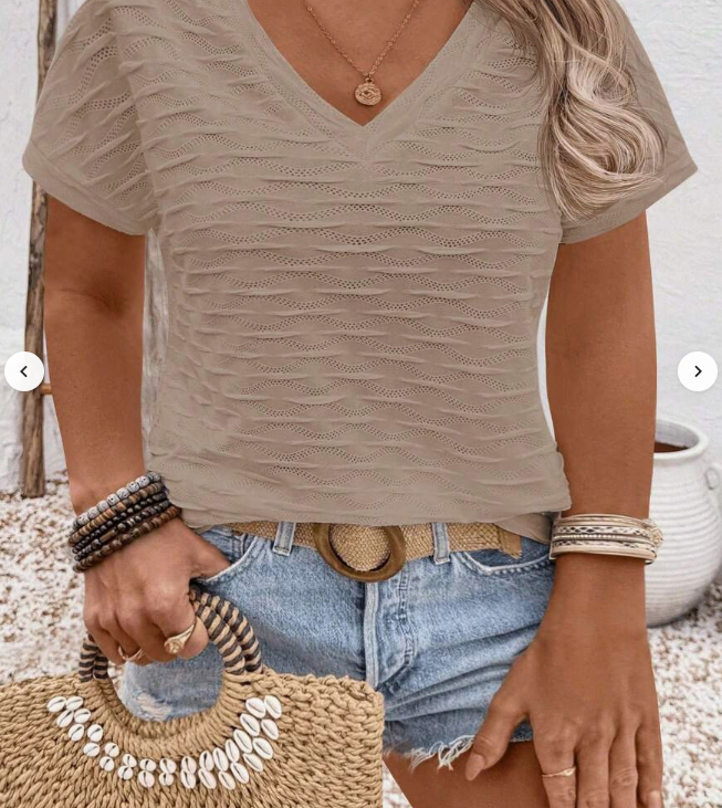 Women's Spring/Summer Casual V-Neck Short Sleeve Wavy Jacquard Textured Knit Plus Size T-Shirt